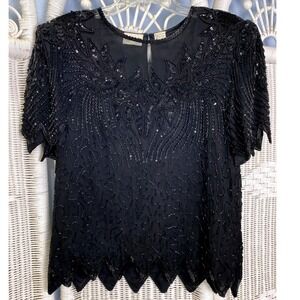 Vintage 80s Denise Elle Black Beaded‎ Silk Top S Art Deco Sequin Evening Blouse